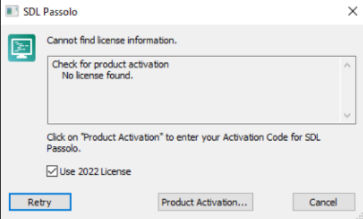 SDL Passolo error message stating 'Cannot find license information' with options to retry, activate the product, or cancel.