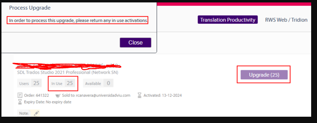 Process Upgrade screen showing 'In order to process this upgrade, please return any in use activations' with 25 licenses in use and an 'Upgrade (25)' button.