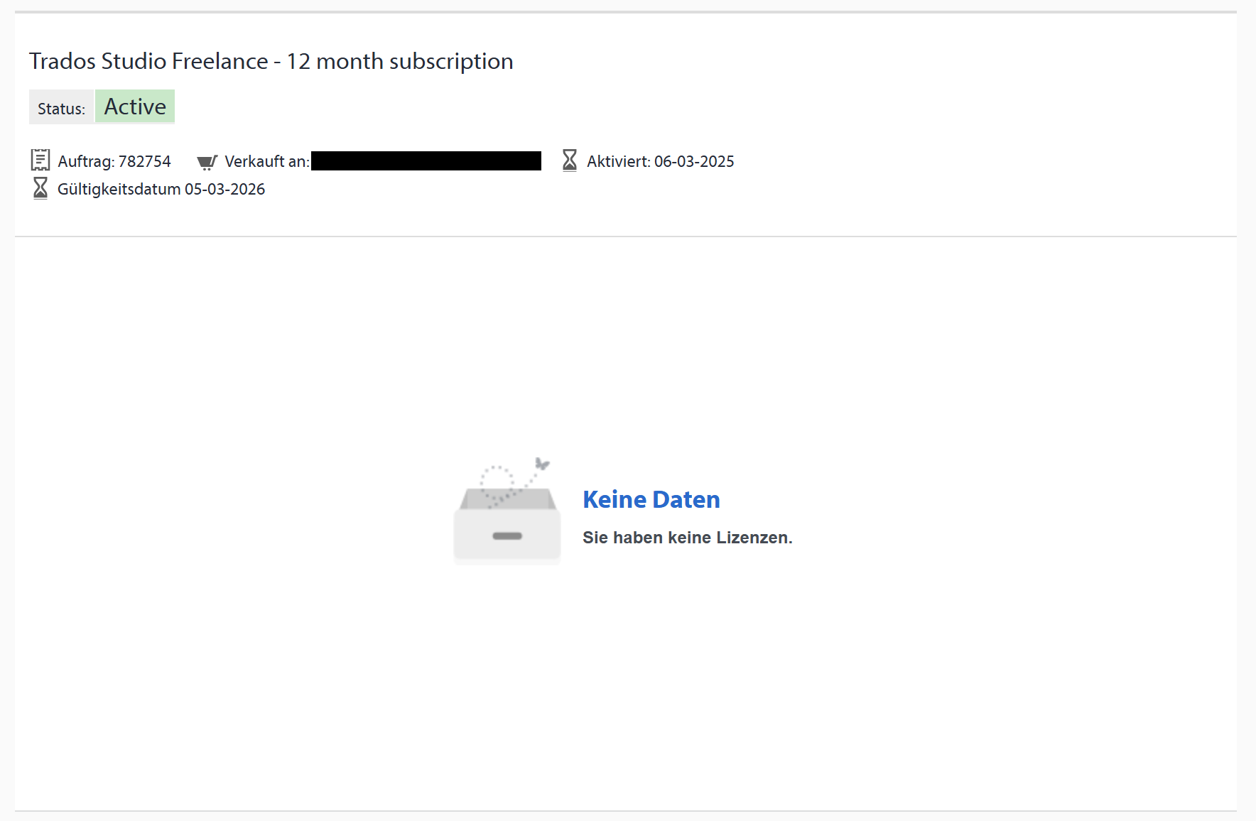 Screenshot of Trados Studio Freelance 12-month subscription page showing status as Active, order number, activation date, and expiration date. Message reads Keine Daten, Sie haben keine Lizenzen.