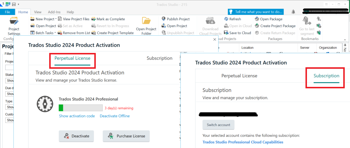 Trados Studio 2024 Product Activation window showing 'Perpetual License' highlighted, 3 days remaining for Trados Studio 2024 Professional, and options to deactivate or purchase license.