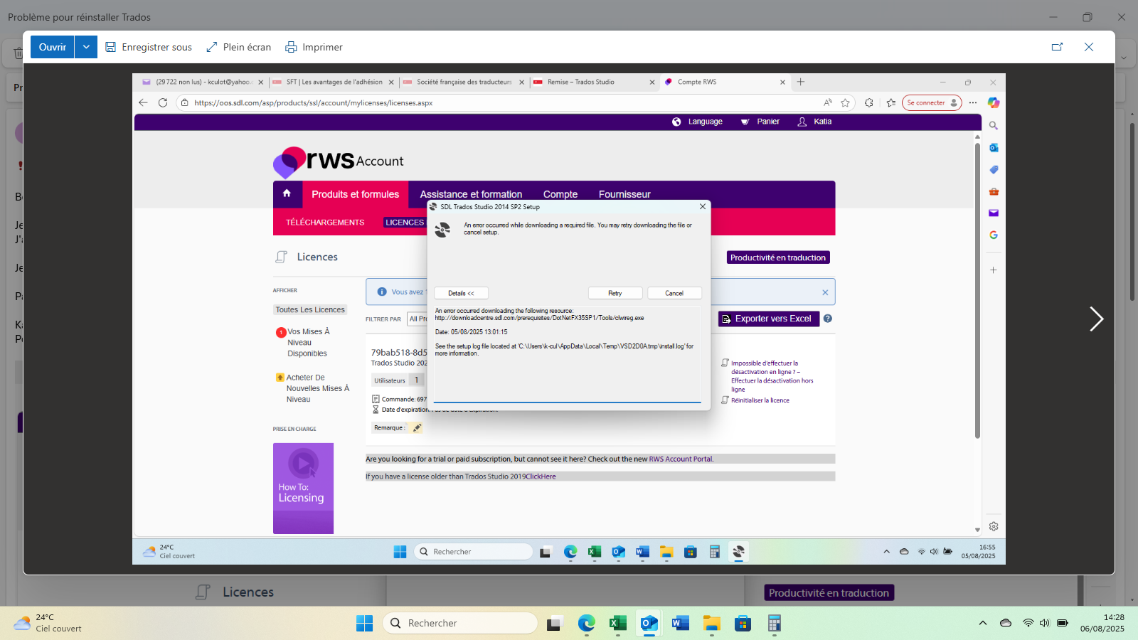 Screenshot of the RWS Account page showing the Licenses section with an error message from SDL Trados Studio 2014 SP2 Setup. The error states 'An error occurred while downloading a required file. You may retry downloading the file or cancel setup.' Details include a failed download link and a log file location.
