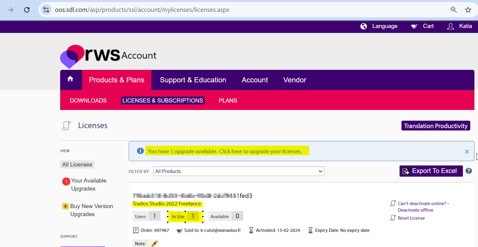 RWS Account Licenses page showing a yellow banner with the message 'You have 1 upgrade available. Click here to upgrade your licenses.' and details of Trados Studio 2022 Freelance license.