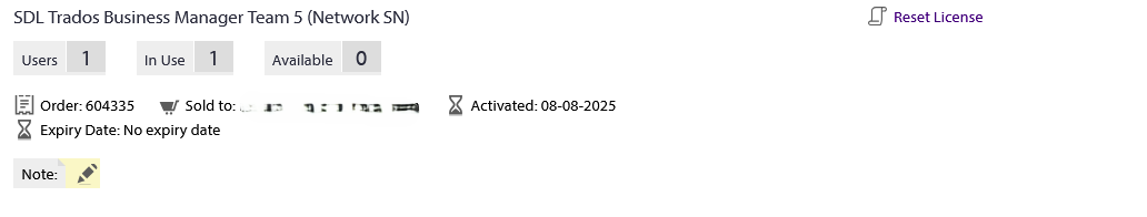 License details for SDL Trados Business Manager Team 5 showing 1 user, 1 in use, 0 available, and an expiry date of 08-08-2025 with a 'Reset License' option.