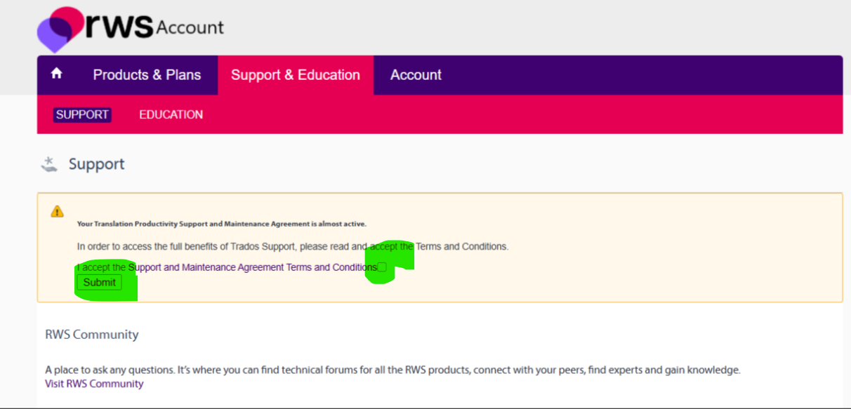 RWS Account page showing a warning message about the Translation Productivity Support and Maintenance Agreement. A checkbox and Submit button are highlighted in green.