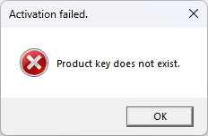 Error message window with red X icon stating 'Activation failed. Product key does not exist.' and an OK button.