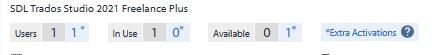 Screenshot showing SDL Trados Studio 2021 Freelance Plus license details with 1 user, 1 in use, 0 available, and 1 extra activation option.