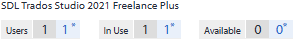 License details for SDL Trados Studio 2021 Freelance Plus showing Users: 1, In Use: 1, and Available: 0.