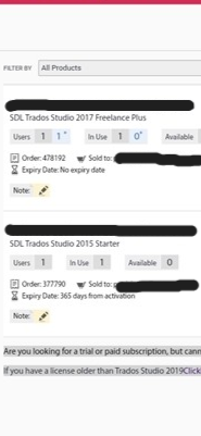 Screenshot showing license details for SDL Trados Studio 2017 Freelance Plus and SDL Trados Studio 2015 Starter, including users, order numbers, and expiry dates.