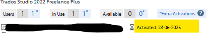 Screenshot of Trados Studio 2022 Freelance Plus license details showing 1 user, 1 in use, 0 available, and activation date highlighted in yellow as 28-06-2025.
