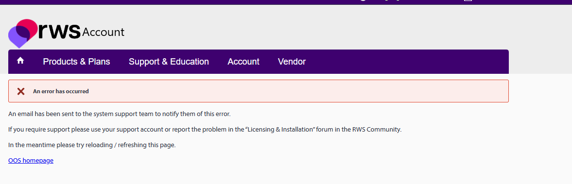 RWS Account page showing an error message in a red box stating 'An error has occurred'. Instructions below suggest reloading the page or contacting support.