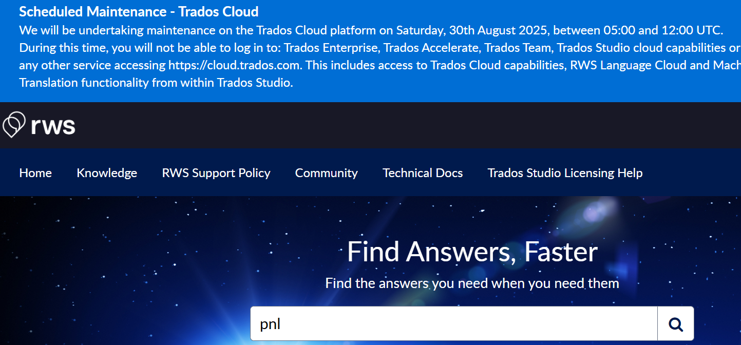 Screenshot of the RWS website showing a blue banner with scheduled maintenance notice for Trados Cloud on 30th August 2025, and a search bar with 'pnl' entered.