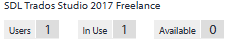 License status for SDL Trados Studio 2017 Freelance showing Users: 1, In Use: 1, and Available: 0.