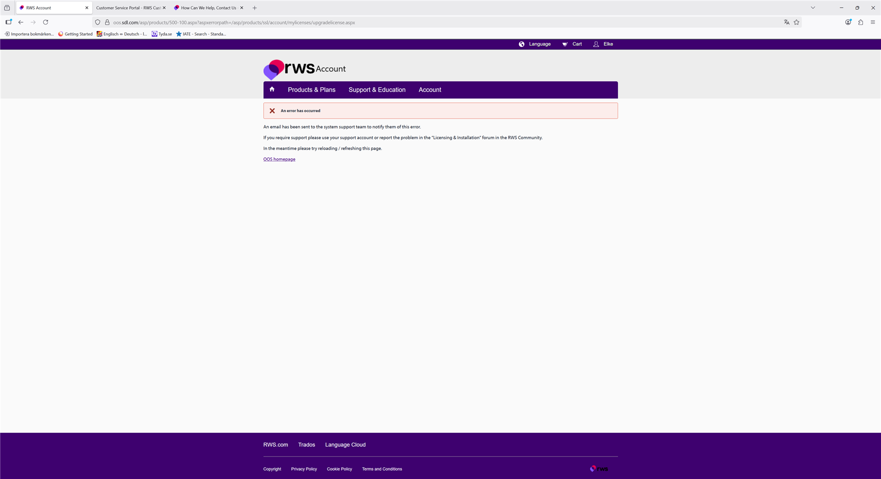 RWS Account page showing an error message in a red box stating 'An error has occurred'. Instructions to contact support or reload the page are provided below the message.