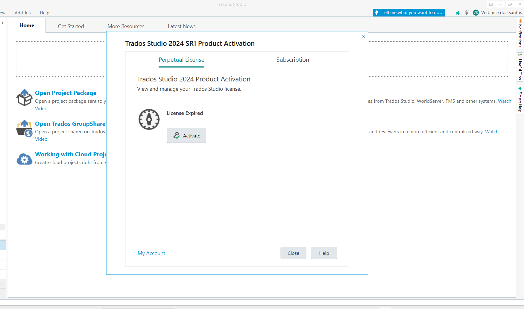Trados Studio 2024 SR1 Product Activation window showing 'License Expired' message with an option to 'Activate'.