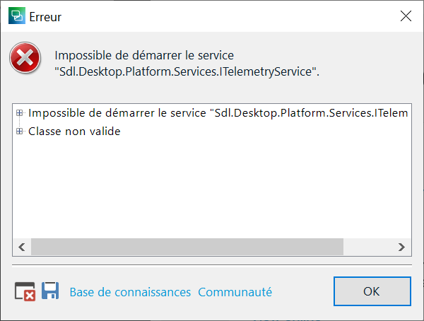 Error window with the message 'Impossible de d marrer le service SDL.Desktop.Platform.Services.ITelemetryService. Classe non valide' and options for knowledge base and community.