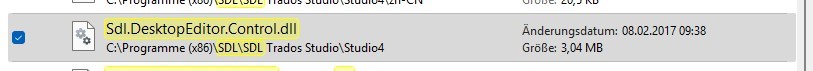 File explorer view highlighting 'Sdl.DesktopEditor.Control.dll' located in the Trados Studio program folder with a file size of 3.04 MB and a modification date of 08.02.2017.