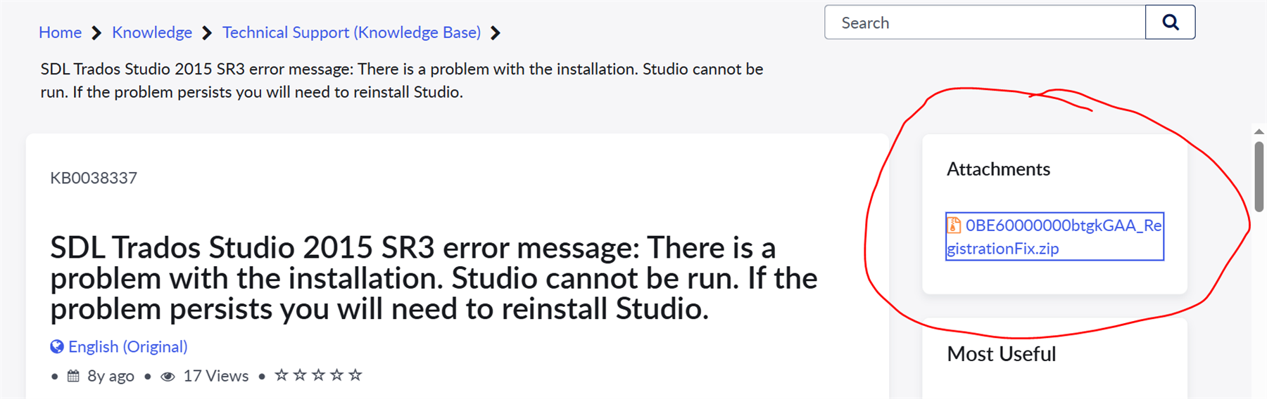 Knowledge base article titled 'SDL Trados Studio 2015 SR3 error message: There is a problem with the installation. Studio cannot be run. If the problem persists you will need to reinstall Studio.' The article includes a visible attachment link labeled 'OBE60000000btgkGAA_RegistrationFix.zip' circled in red on the right side.