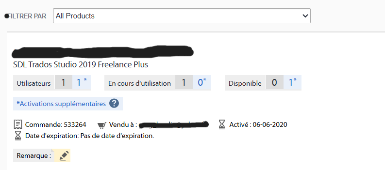 Screenshot showing the SDL Trados Studio 2019 Freelance Plus license details, with 1 user in use, 0 available activations, and activation date of 06-06-2020. No expiration date listed.