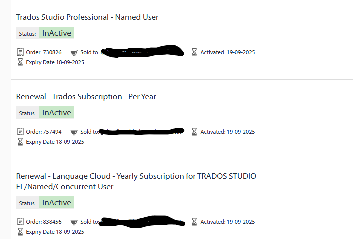 List of Trados Studio subscriptions showing three entries with 'Inactive' status, activation dates of 19-09-2025, and expiry dates of 18-09-2025.