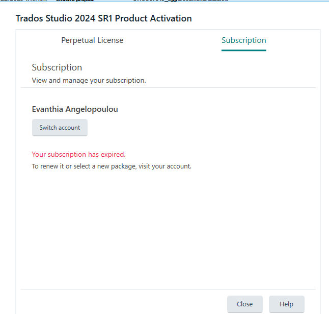 Trados Studio 2024 SR1 Product Activation screen showing subscription details. Message in red text states 'Your subscription has expired. To renew it or select a new package, visit your account.'