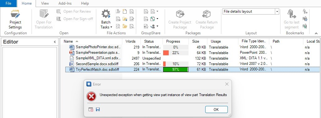Screenshot of a translation software interface showing a list of files with columns for name, words, status, progress, size, usage, file type, and path. An error message is displayed at the bottom with a red X icon, stating 'Unexpected exception when getting view part instance of view part Translation Results' and an OK button.