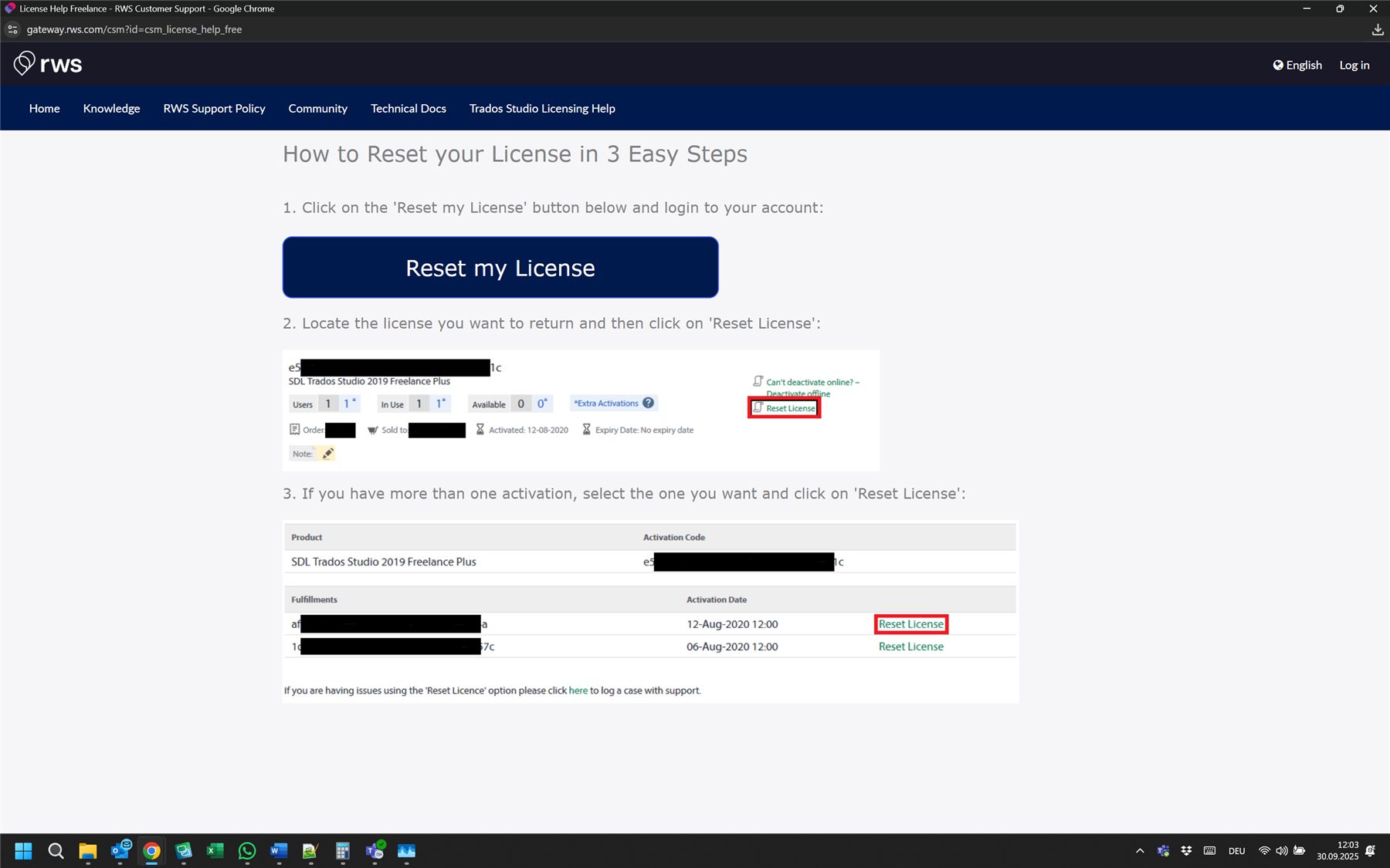 Webpage showing instructions on how to reset a license in 3 steps, with a blue 'Reset my License' button and highlighted 'Reset License' links in red.