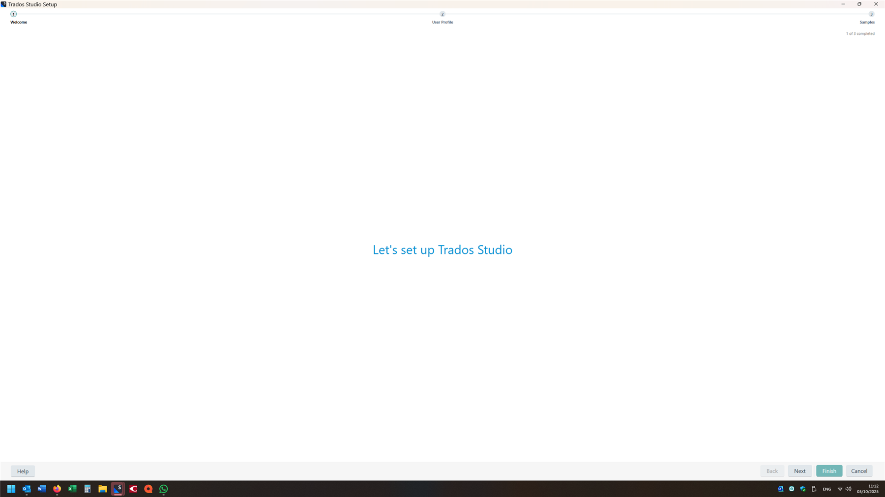 Trados Studio Setup screen with the text 'Let's set up Trados Studio' in blue, navigation buttons at the bottom, and a progress indicator showing '1 of 3 completed'.