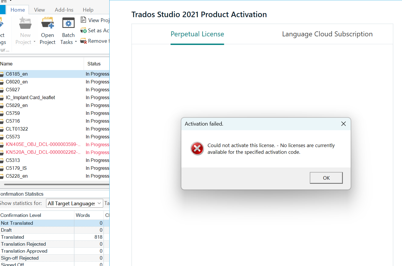 Trados Studio 2021 Product Activation window showing an error message stating 'Activation failed. Could not activate this license. No licenses are currently available for the specified activation code.'