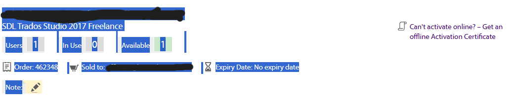 Screenshot of SDL Trados Studio 2017 Freelance license details showing 1 user, 0 in use, 1 available, order number, sold to information, and expiry date as 'No expiry date'.