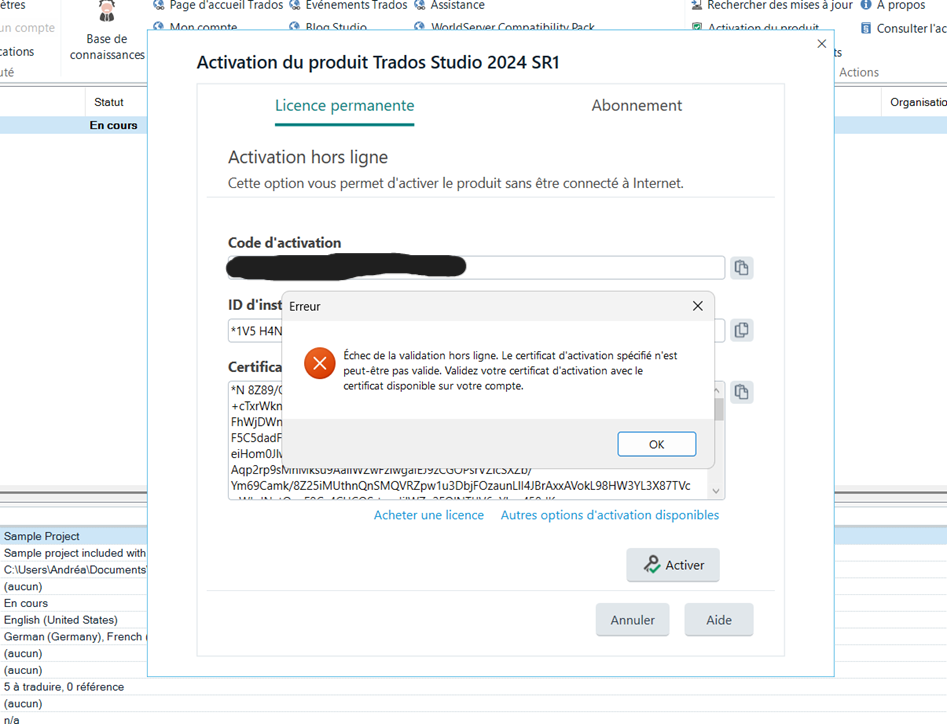 Screenshot of the Trados Studio 2024 SR1 offline activation window showing an error message in French. The error states that the specified activation certificate may not be valid.