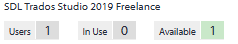 License status for SDL Trados Studio 2019 Freelance showing Users: 1, In Use: 0, and Available: 1 with Available highlighted in green.