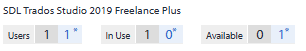 License information for SDL Trados Studio 2019 Freelance Plus showing Users: 1, In Use: 1, Available: 0.