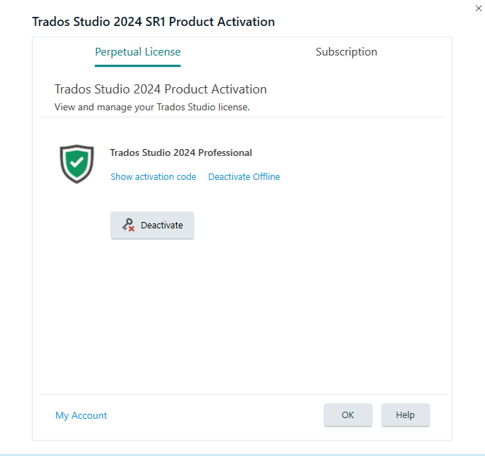 Trados Studio 2024 SR1 Product Activation window showing Perpetual License tab selected. The license status is active with a green shield icon and a Deactivate button displayed.