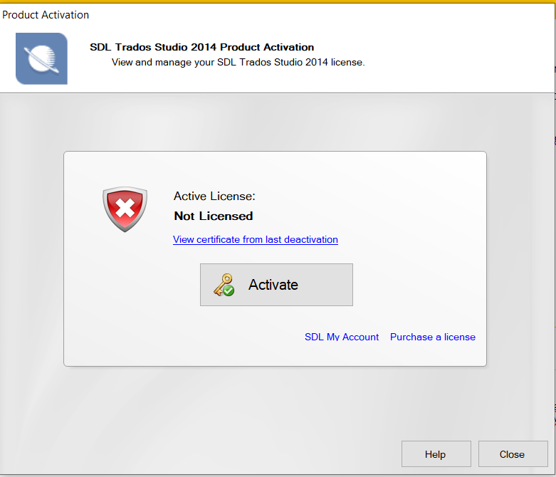 Product activation window for SDL Trados Studio 2014 showing 'Active License: Not Licensed' with a red shield icon. Options to activate, view certificate, and purchase a license are displayed.