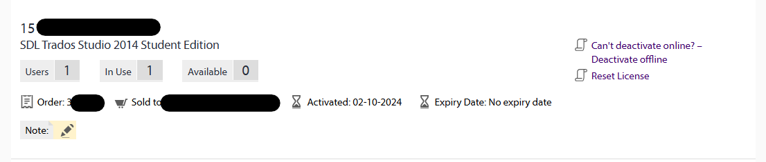 License management screen for SDL Trados Studio 2014 Student Edition showing 1 user in use, 0 available, activated on 02-10-2024, with no expiry date. Options to deactivate offline or reset license are visible.