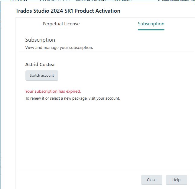 Trados Studio 2024 SR1 Product Activation screen showing a subscription tab. Message in red text reads 'Your subscription has expired. To renew it or select a new package, visit your account.'