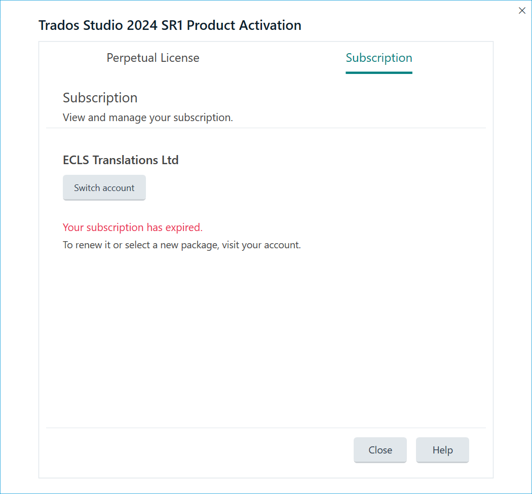 Trados Studio 2024 SR1 Product Activation window showing subscription details. Message in red text states 'Your subscription has expired. To renew it or select a new package, visit your account.'