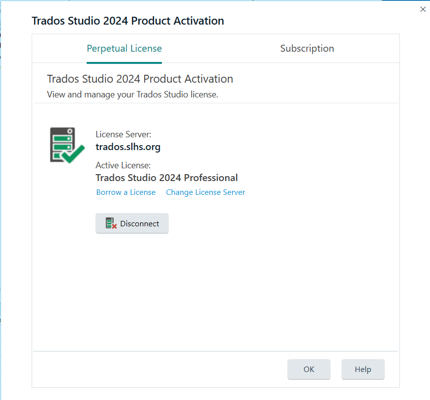 Trados Studio 2024 Product Activation window showing Perpetual License tab. License Server: trados.slhs.org. Active License: Trados Studio 2024 Professional. Buttons: Disconnect, OK, Help.