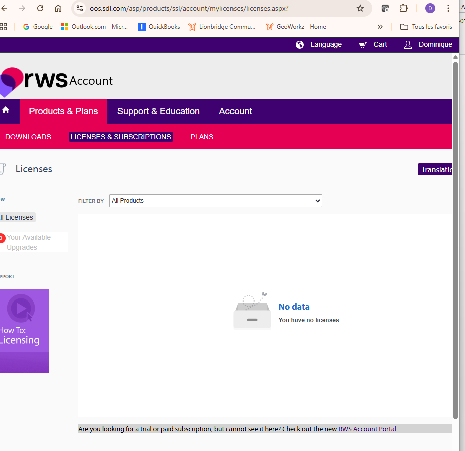 Screenshot of the RWS Account page showing the 'Licenses & Subscriptions' tab selected. A message in the center reads 'No data - You have no licenses' with an empty box icon.