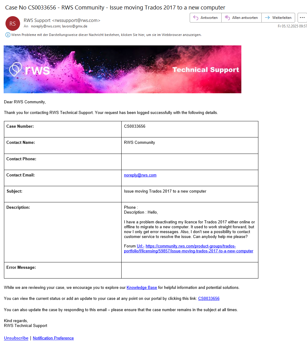 Email screenshot from RWS Support with case details for issue CS0033656. It includes the case number, contact email, subject, description of the issue, and a forum link for further help.
