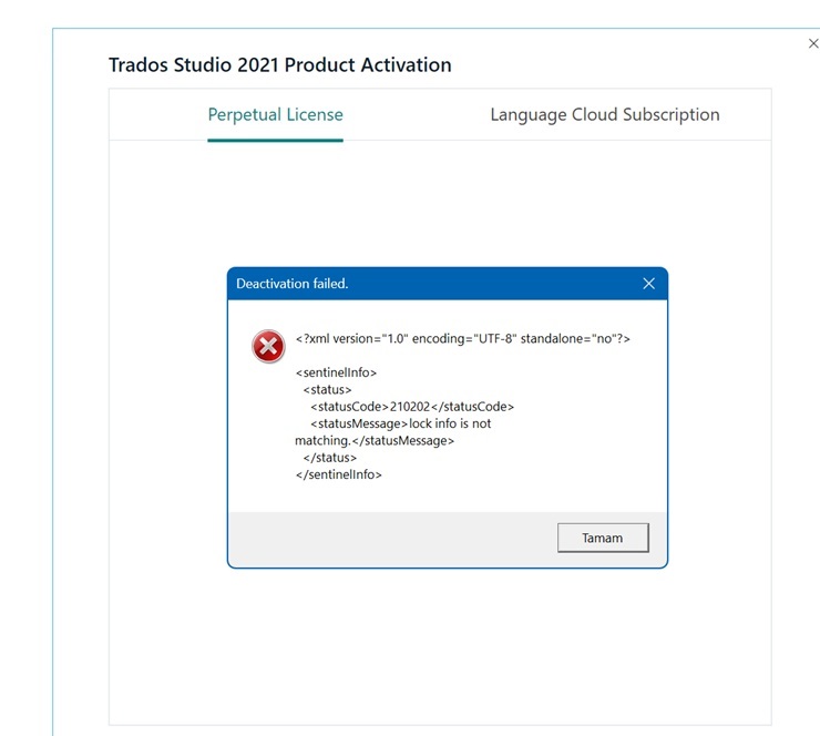 Trados Studio 2021 Product Activation window showing an error message: 'Deactivation failed. Status code: 210202. Status message: lock info is not matching.'