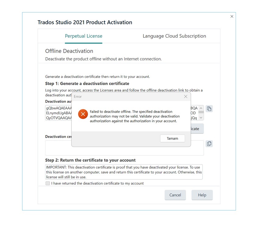 Trados Studio 2021 Product Activation window showing an offline deactivation error: 'Failed to deactivate offline. The specified deactivation authorization may not be valid.'
