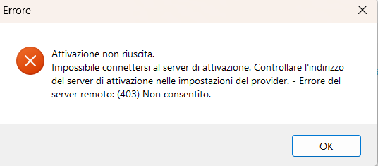Error message in Italian stating activation failed due to inability to connect to the activation server, with error code 403.