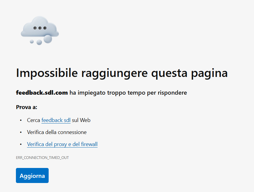 Browser error in Italian stating the page feedback.sdl.com is unreachable due to a timeout, with suggestions to check connection or proxy and firewall.
