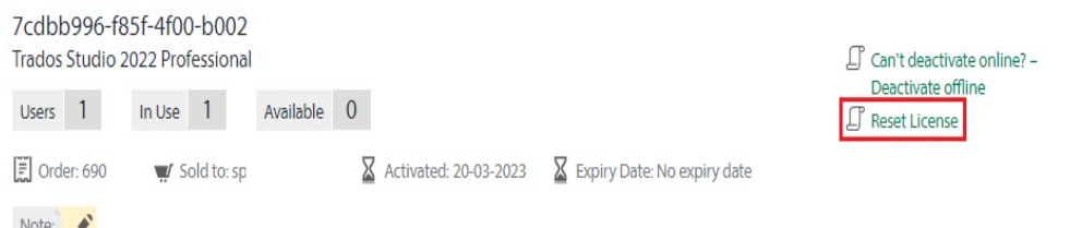 License details for Trados Studio 2022 Professional showing 1 user, 1 in use, 0 available, and options to deactivate offline or reset the license. Includes activation date of 20-03-2023 and no expiry date.
