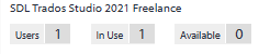 License status for SDL Trados Studio 2021 Freelance showing Users: 1, In Use: 1, and Available: 0.