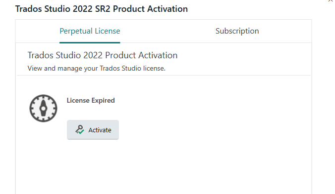 Screenshot of Trados Studio 2022 SR2 Product Activation window showing 'License Expired' with an option to 'Activate' under the Perpetual License tab.