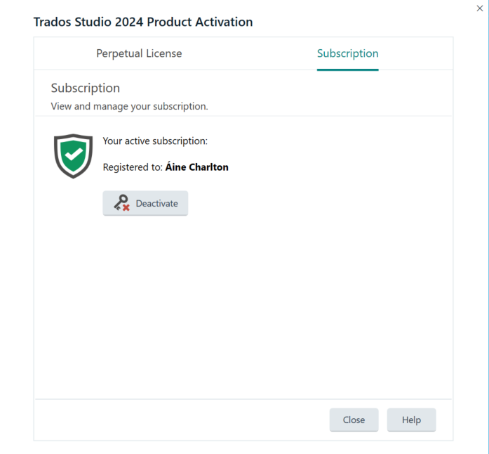 Trados Studio 2024 Product Activation window showing the Subscription tab. It displays an active subscription registered to a user with options to deactivate, close, or get help.
