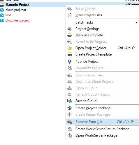 Screenshot of the Trados Projects view showing a context menu with the 'Remove from List' option highlighted for a project named 'cloud test project'.