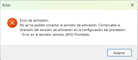 Error message in Spanish stating activation error. Unable to connect to activation server. Remote server error: (403) Forbidden. Includes an 'Aceptar' button.